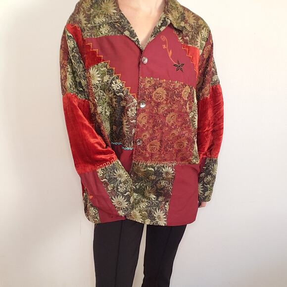Vintage Jackets & Blazers - Vintage Boho NWOT TOTO n KO Mixed Media & Print Jacket Velvet Rayon Silk Size 2x